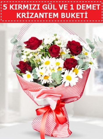 5 adet kırmızı gül ve krizantem buketi  Trabzon online çiçek gönderme sipariş 